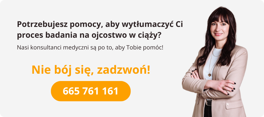 Kobieta – konsultant medyczny laboratorium testDNA, zachęcająca do kontaktu telefonicznego w sprawie badania ojcostwa w ciąży. Na grafice numer telefonu 665 761 161 i hasło „Nie bój się, zadzwoń!”.