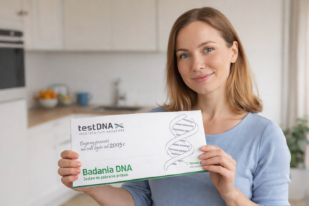 Kobieta trzymająca zestaw do badania genetycznego trombofilii wrodzonej