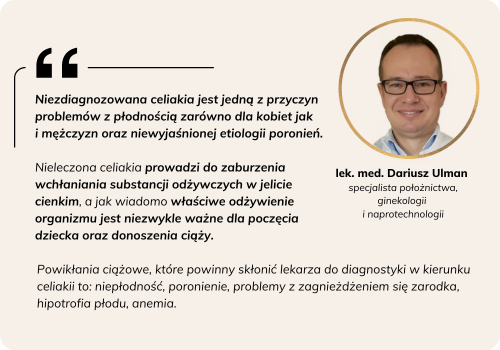 Pakiet badan po poronieniu - rekomendacja lek. med. Dariusz Ulman - niezdiagnozowana celiakia jest jedną z przyczyn problemów z płodnością dla kobiet i mężczyzn oraz niewyjaśnioną etiologią poronień.