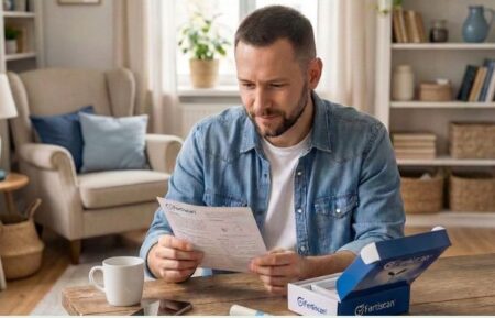 Mężczyzna analizujący ulotkę FertiScan Complete – badanie genetyczne niepłodności w domu