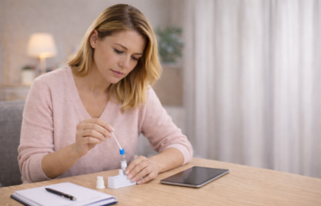 Kobieta przygotowująca próbkę do badania FertiScan Complete Kobieta w warunkach domowych.