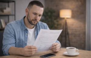 „Mężczyzna zapoznający się z dokumentacją przed wykonaniem badania genetycznego Fertiscan Complete Mężczyzna.