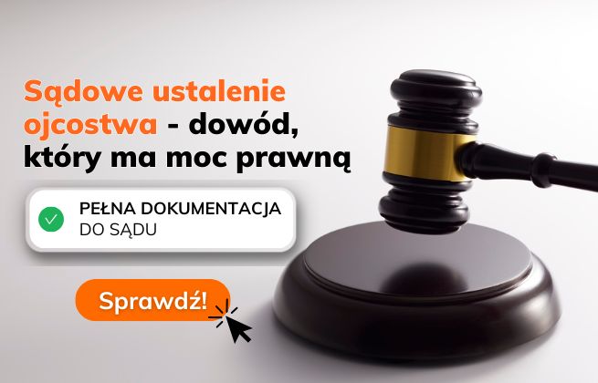 Sądowe ustalenie ojcostwa – dowód, który ma moc prawną. Pełna dokumentacja do sądu. Grafika z młotkiem sędziowskim.