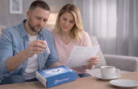 Fertiscan Complete Kobieta+ Mężczyzna, kobieta i mężczyzna wykonują badanie genetyczne w diagnostyce niepłodności w wswoim domu