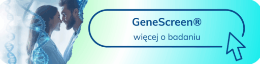Para patrząca na siebie w otoczeniu nici DNA – baner „GeneScreen® – więcej o badaniu”.