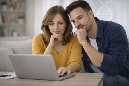 Para analizująca informacje o badaniu genetycznym GeneScreen® Basic Kobieta + Mężczyzna przed planowaną ciążą.