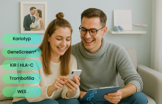 Para planująca ciążę siedząca na kanapie i przeglądająca informacje na telefonie