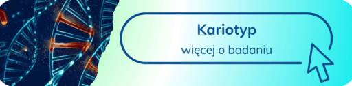 Grafika z łańcuchem DNA – baner „Kariotyp – więcej o badaniu”.