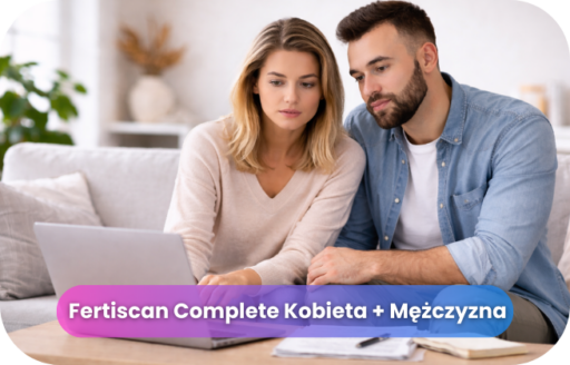 Fertiscan Complete Kobieta + Mężczyzna Para zapoznająca się z informacjami o badaniu FertiScan Complete Kobieta i Mężczyzna w ramach diagnostyki płodności.