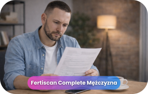 Fertiscan Complete Mężczyzna Mężczyzna zapoznający się z informacjami o badaniu FertiScan Complete Mężczyzna w ramach diagnostyki płodności.