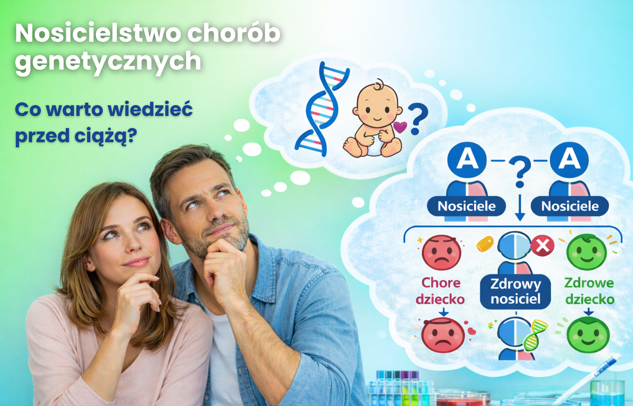 Nosicielstwo chorób genetycznych – para planująca ciążę oraz schemat dziedziczenia chorób recesywnych.