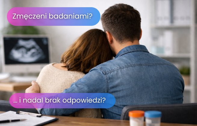 Para siedząca razem w gabinecie lekarskim, zmęczona długą diagnostyką po poronieniu lub w trakcie leczenia niepłodności, szukająca odpowiedzi mimo wielu wykonanych badań