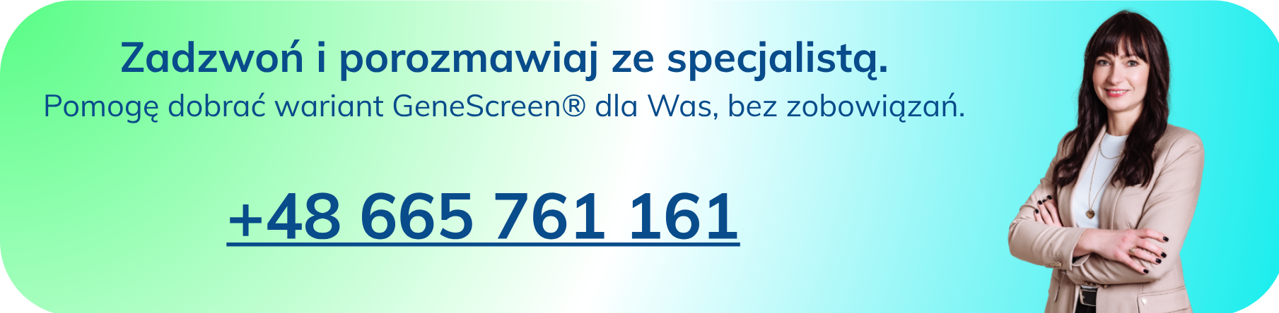 Specjalistka testDNA zachęcająca do kontaktu telefonicznego w sprawie doboru badania GeneScreen® – bez zobowiązań.