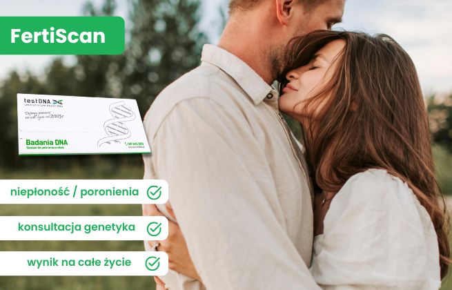 Para przytula się na tle natury; grafika FertiScan z informacją: „niepłodność/poronienia”, „konsultacja genetyka”, „wynik na całe życie”.