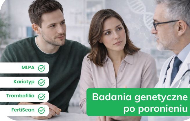 Para rozmawia z lekarzem; grafika „Badania genetyczne po poronieniu” z listą: MLPA, kariotyp, trombofilia, FertiScan.