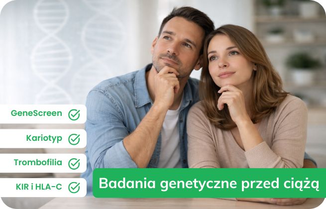 Para planująca ciążę; grafika „Badania genetyczne przed ciążą” z listą: GeneScreen®, kariotyp, trombofilia oraz KIR i HLA-C.