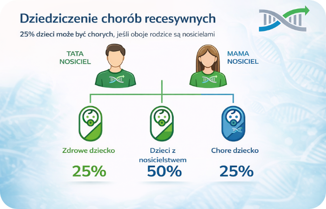 Infografika: dziedziczenie chorób recesywnych – tata nosiciel i mama nosiciel; 25% zdrowe dziecko, 50% dziecko z nosicielstwem, 25% chore dziecko.