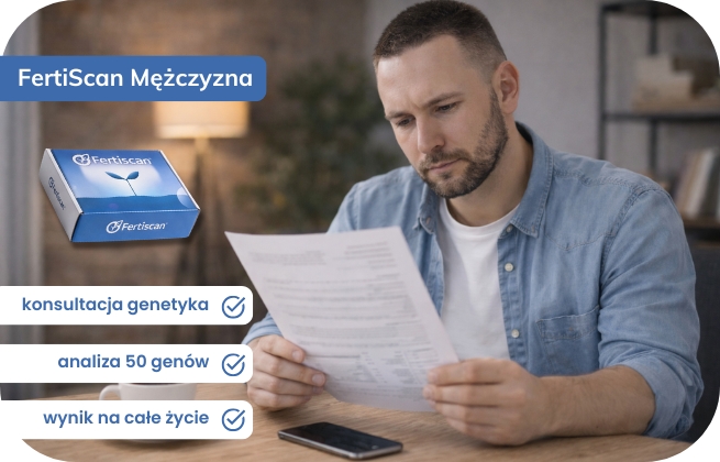 diagnostyka niepłodności, mężczyzna czyta ulotkę z badania FertiScan Complete Mężczyzna