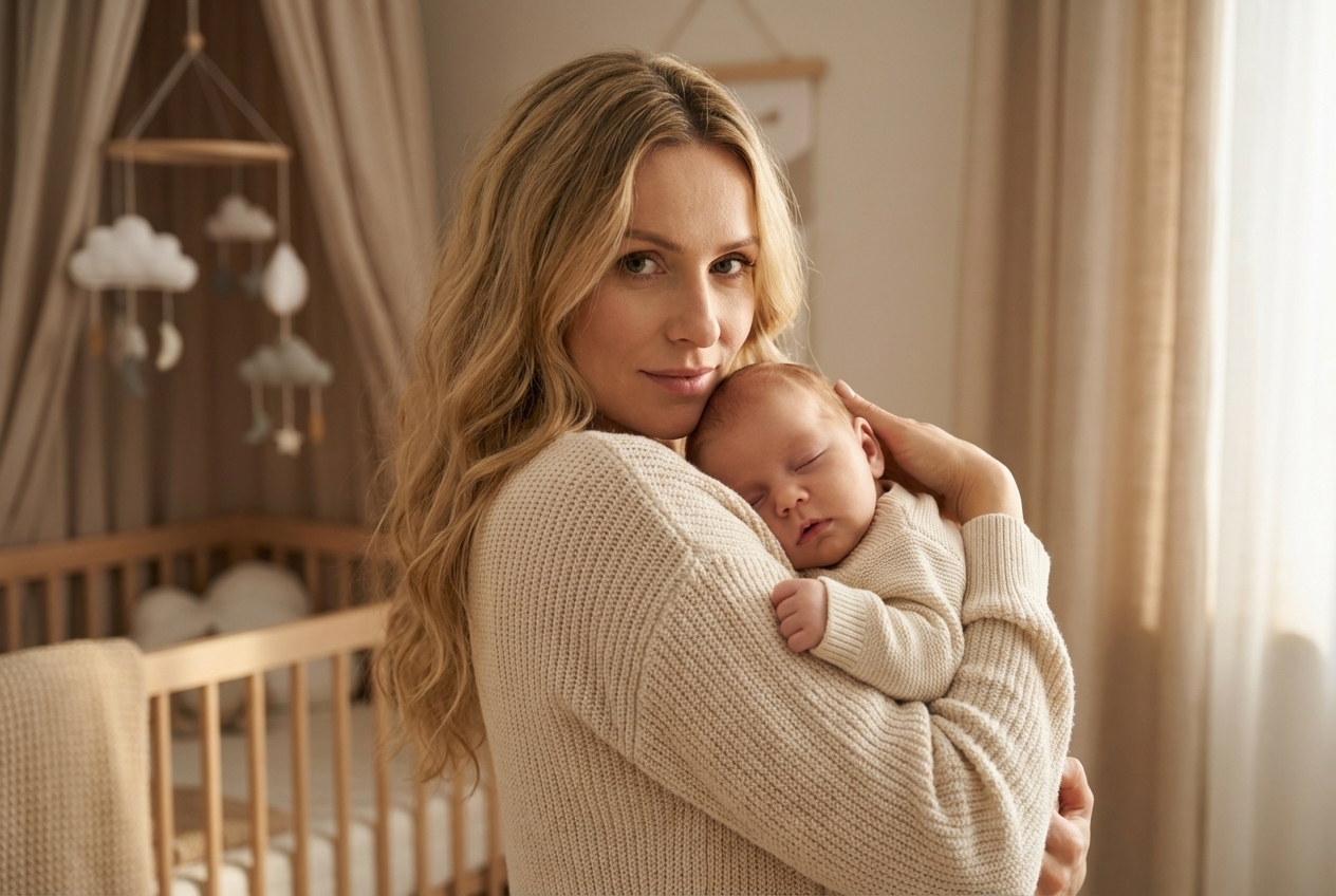 Mama trzymająca śpiącego noworodka w jasnym pokoju dziecięcym (GeneScreen_Max_badanie-genetyczne-przed-ciaza)