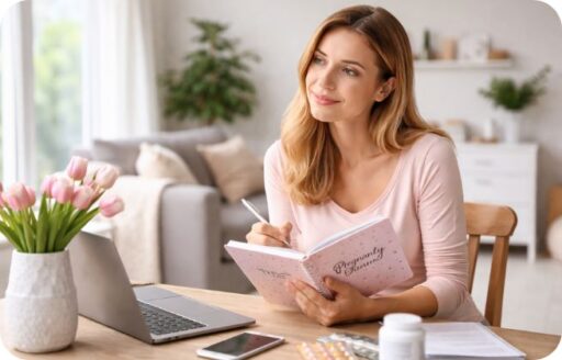 Kobieta siedzi przed notatnikiem-planerem ciąży, rozpisuje sobie jakie badania przed ciążą musi wykonać.