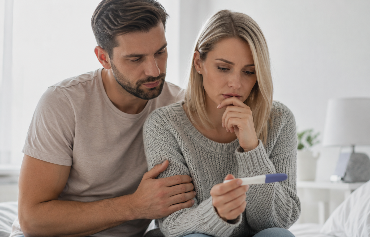 Blond kobieta i mężczyzna siedzą razem i z niepokojem patrzą na test ciążowy. Zdjęcie pokazuje moment niepewności i pytań, skąd wziął się u nich problem z zajściem w ciążę.