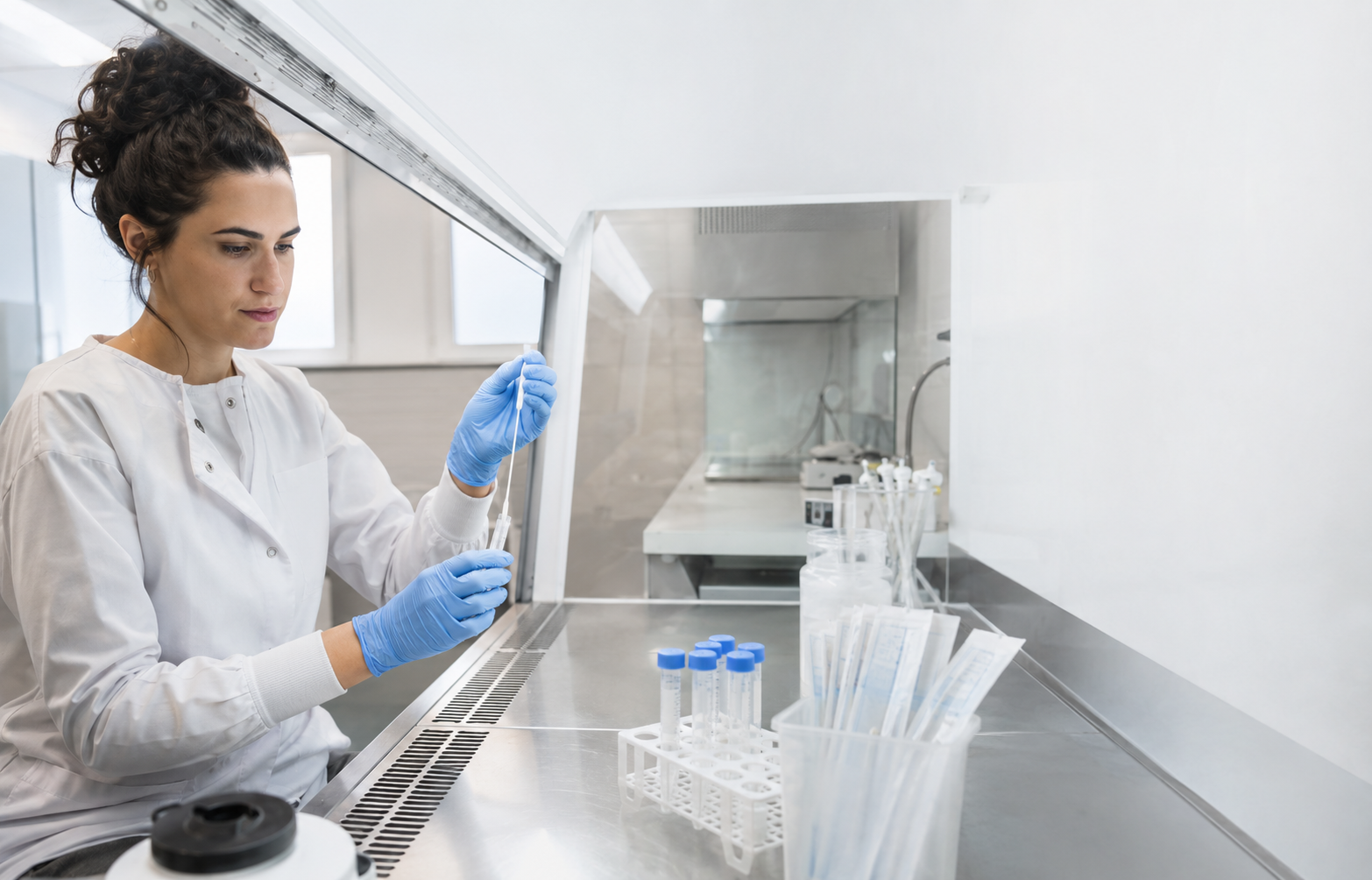 Diagnostka laboratoryjna umieszcza wymazówkę z próbką DNA w probówce w komorze laminarnej laboratorium testDNA