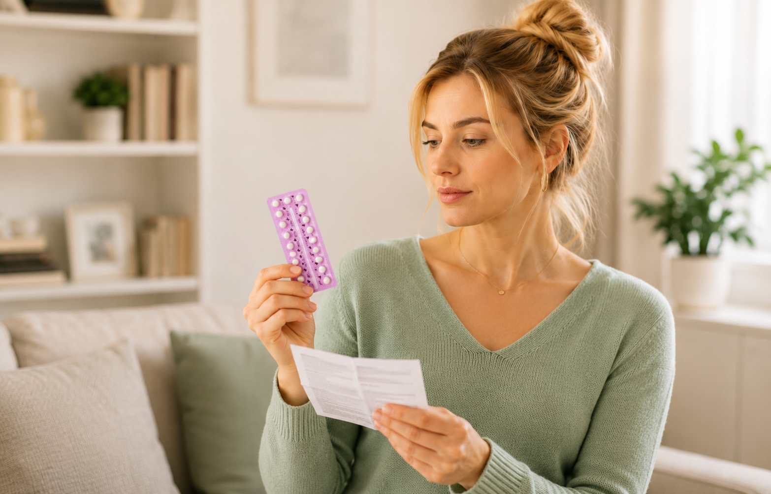 Kobieta ogląda blister tabletek antykoncepcyjnych i zastanawia się nad skutkami ubocznymi oraz bezpieczeństwem antykoncepcji hormonalnej.