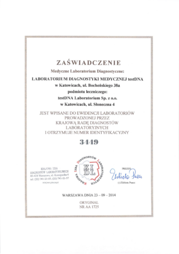 Zaświadczenie o wpisie do ewidencji KIDL laboratorium testDNA