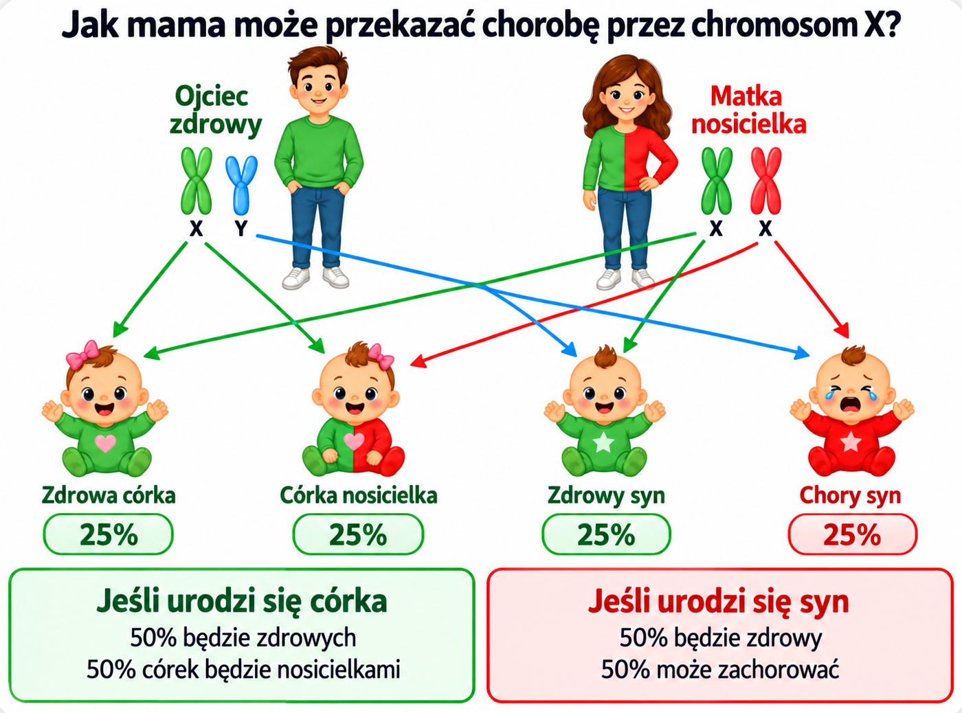 Dziedziczenie chorób przez chromosom X – matka nosicielka, ojciec zdrowy Dziedziczenie choroby sprzężonej z chromosomem X – zdrowy ojciec i matka nosicielka, możliwe wyniki u córek i synów